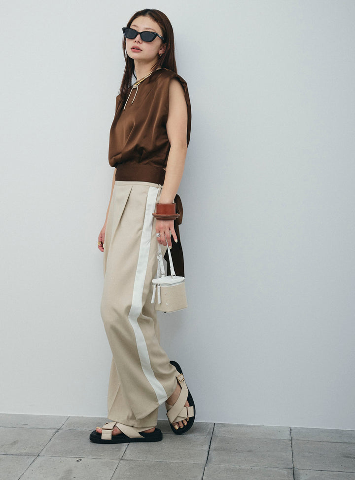 [予約/SET]アシンメトリードレープサテンブラウス+リネン混2WAYサイドラインパンツ(2set)