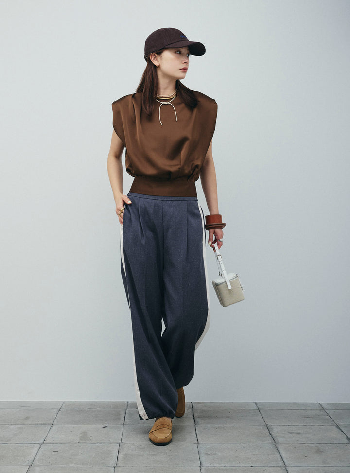 [予約/SET]アシンメトリードレープサテンブラウス+リネン混2WAYサイドラインパンツ(2set)