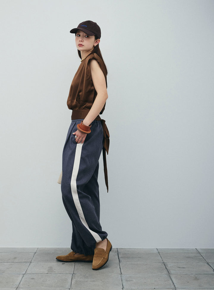 [予約/SET]アシンメトリードレープサテンブラウス+リネン混2WAYサイドラインパンツ(2set)