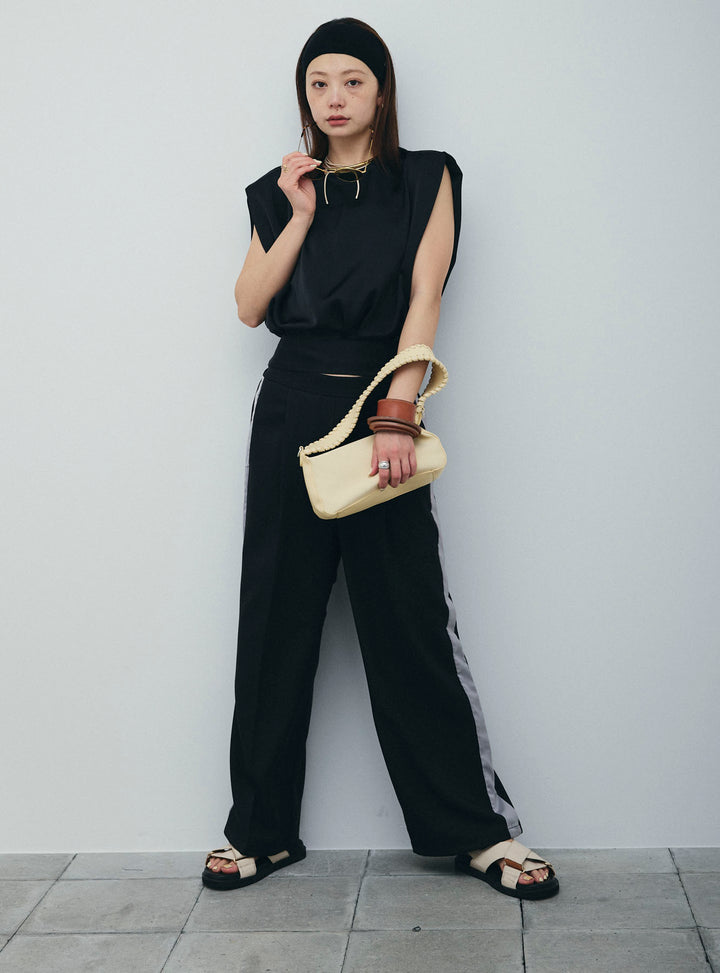 [予約/SET]アシンメトリードレープサテンブラウス+リネン混2WAYサイドラインパンツ(2set)