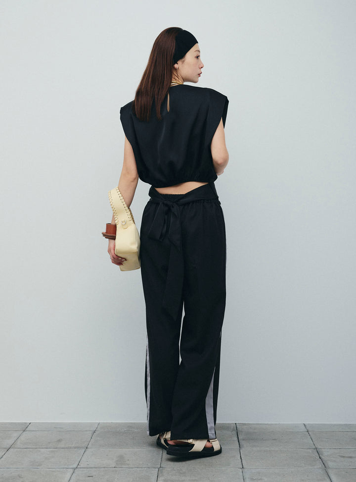 [予約/SET]アシンメトリードレープサテンブラウス+リネン混2WAYサイドラインパンツ(2set)
