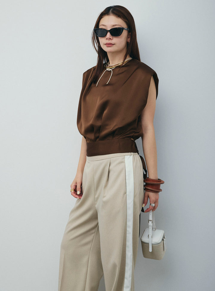 [予約/SET]アシンメトリードレープサテンブラウス+リネン混2WAYサイドラインパンツ(2set)