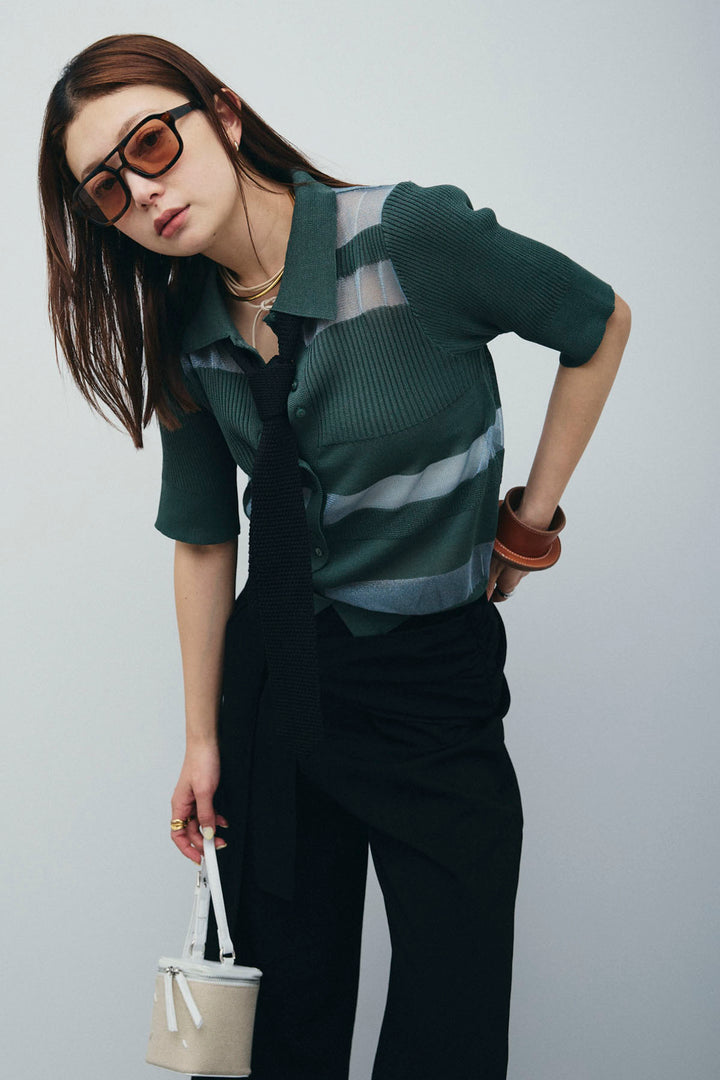 [予約/SET]シアーミックス編みニットポロ+剣先三角シルクニットタイ(2set)