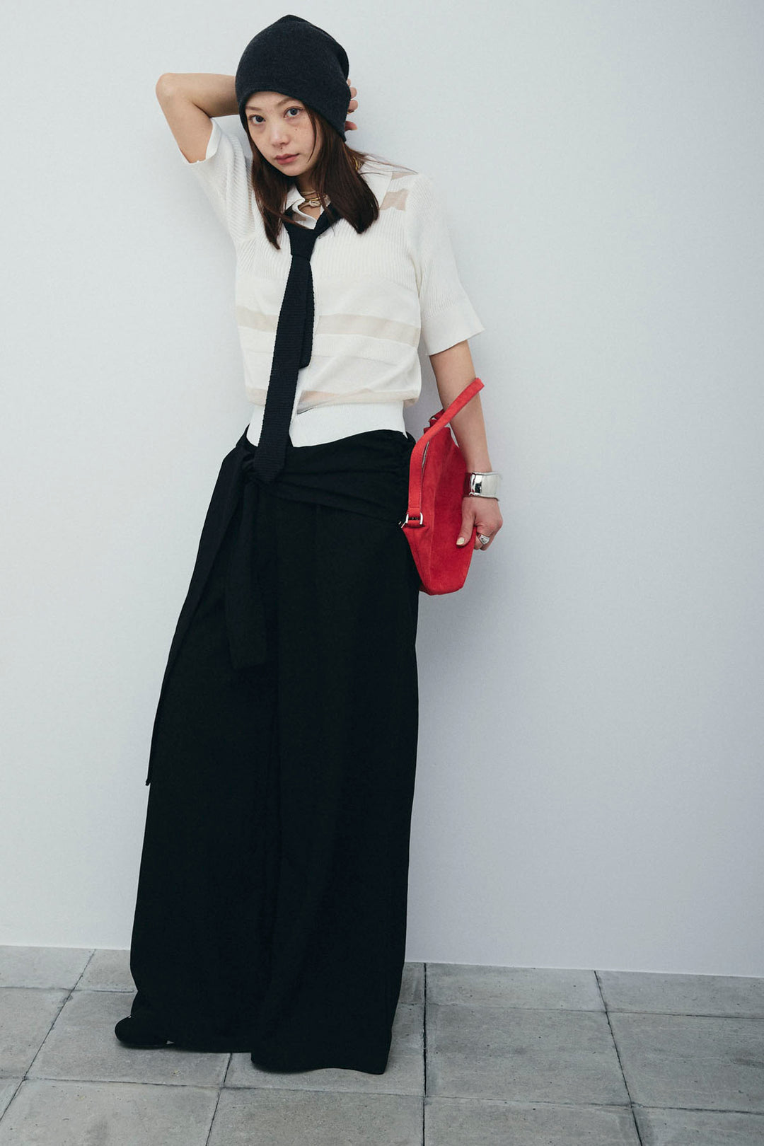 [予約/SET]シアーミックス編みニットポロ+剣先三角シルクニットタイ+サイドラップワイドパンツ(3set)