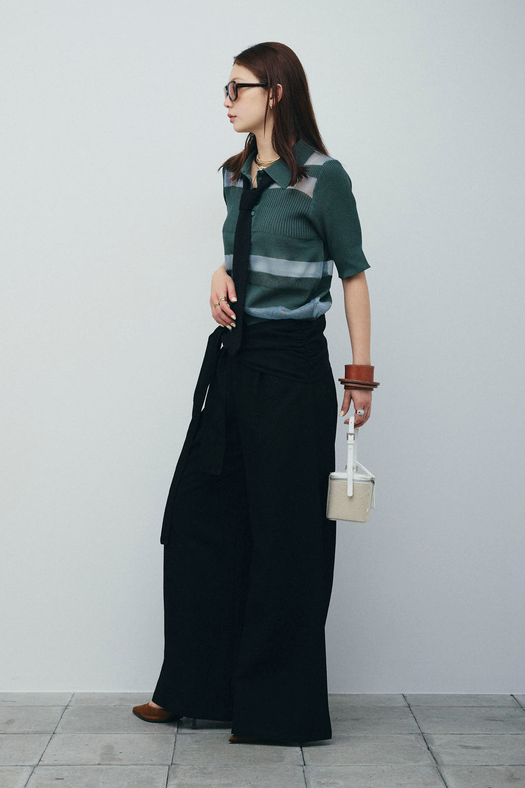 [予約/SET]シアーミックス編みニットポロ+サイドラップワイドパンツ(2set)