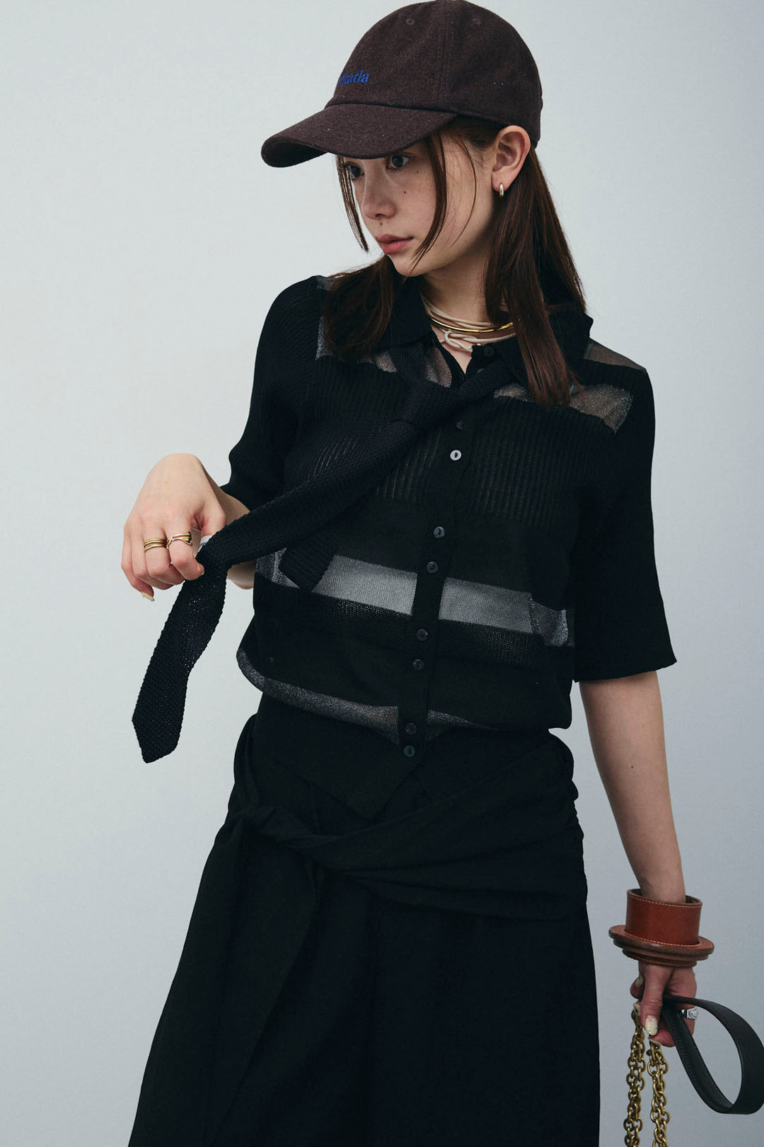 [予約/SET]シアーミックス編みニットポロ+サイドラップワイドパンツ(2set)