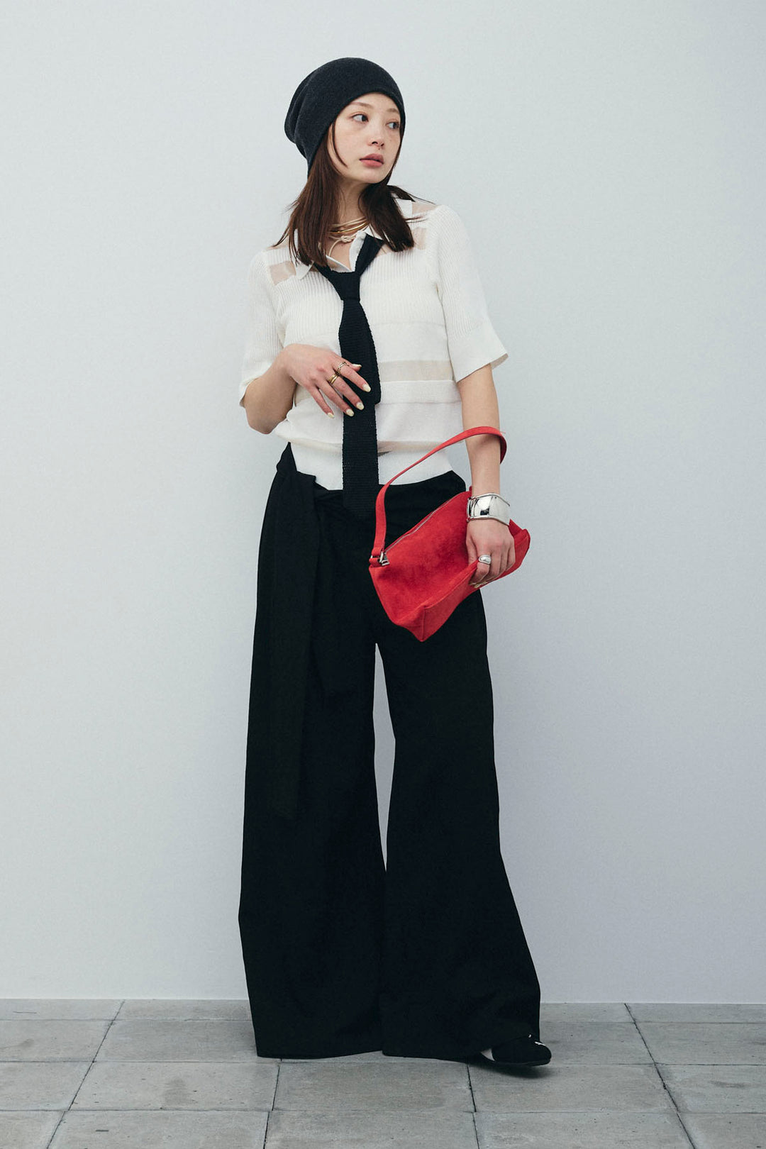 [予約/SET]シアーミックス編みニットポロ+サイドラップワイドパンツ(2set)