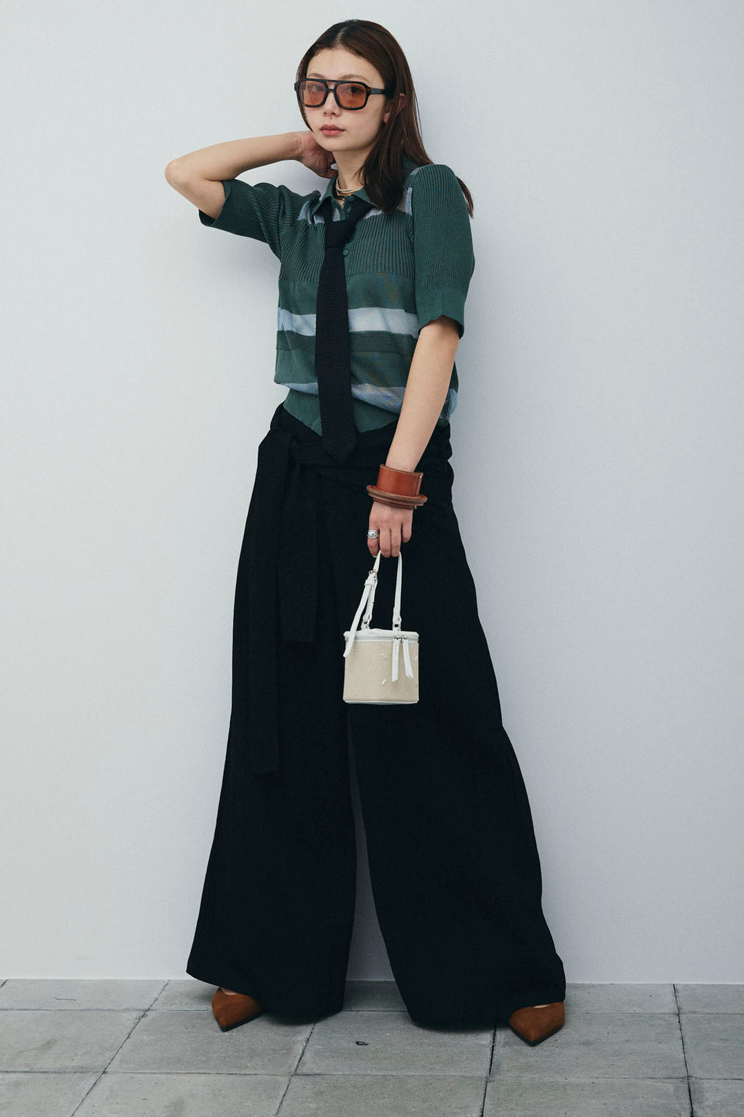 [予約/SET]シアーミックス編みニットポロ+サイドラップワイドパンツ(2set)