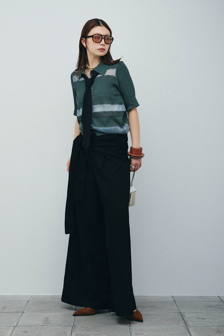 [予約/SET]シアーミックス編みニットポロ+剣先三角シルクニットタイ+サイドラップワイドパンツ(3set)