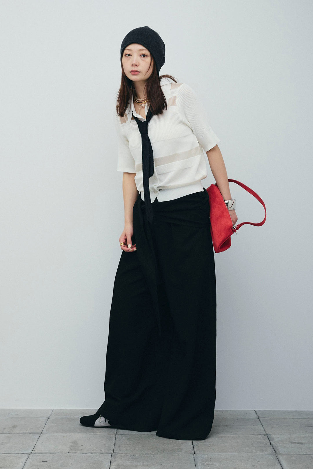 [予約/SET]シアーミックス編みニットポロ+剣先三角シルクニットタイ+サイドラップワイドパンツ(3set)