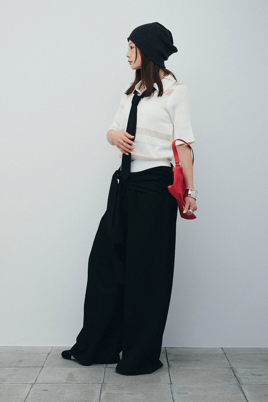 [予約/SET]シアーミックス編みニットポロ+剣先三角シルクニットタイ(2set)