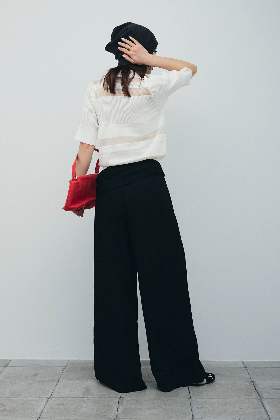 [予約/SET]シアーミックス編みニットポロ+サイドラップワイドパンツ(2set)