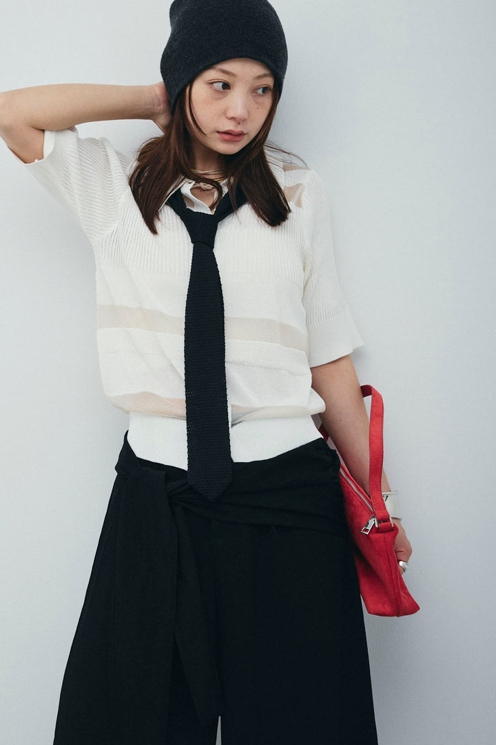 [予約/SET]シアーミックス編みニットポロ+剣先三角シルクニットタイ+サイドラップワイドパンツ(3set)