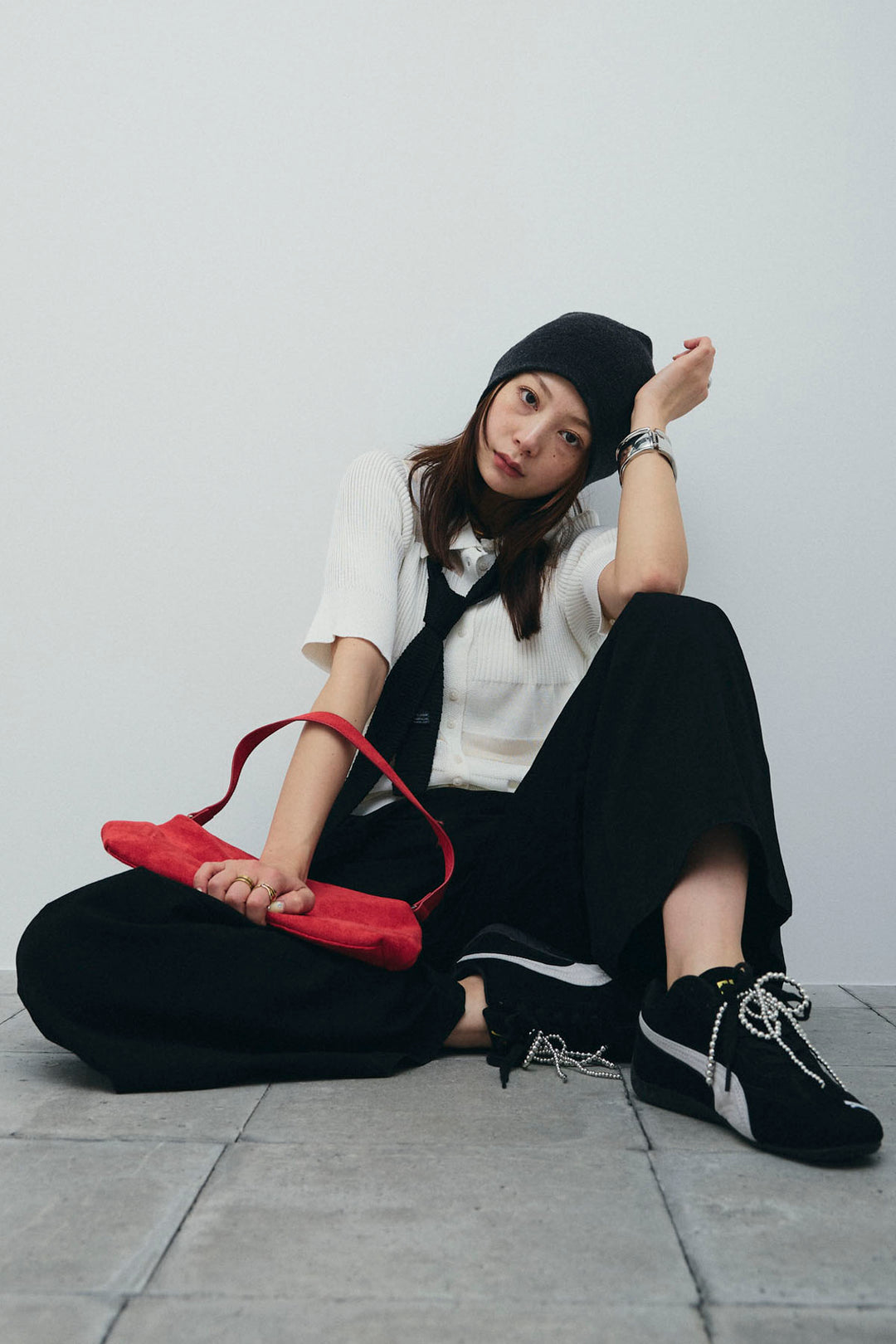 [予約/SET]シアーミックス編みニットポロ+剣先三角シルクニットタイ+サイドラップワイドパンツ(3set)