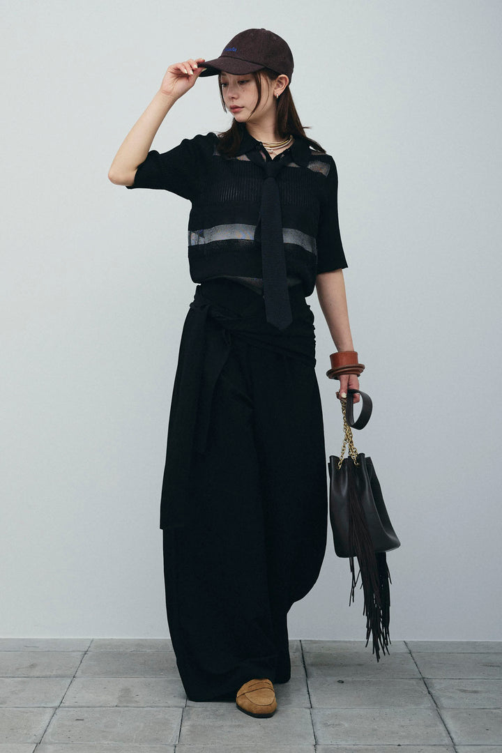 [予約/SET]シアーミックス編みニットポロ+剣先三角シルクニットタイ+サイドラップワイドパンツ(3set)