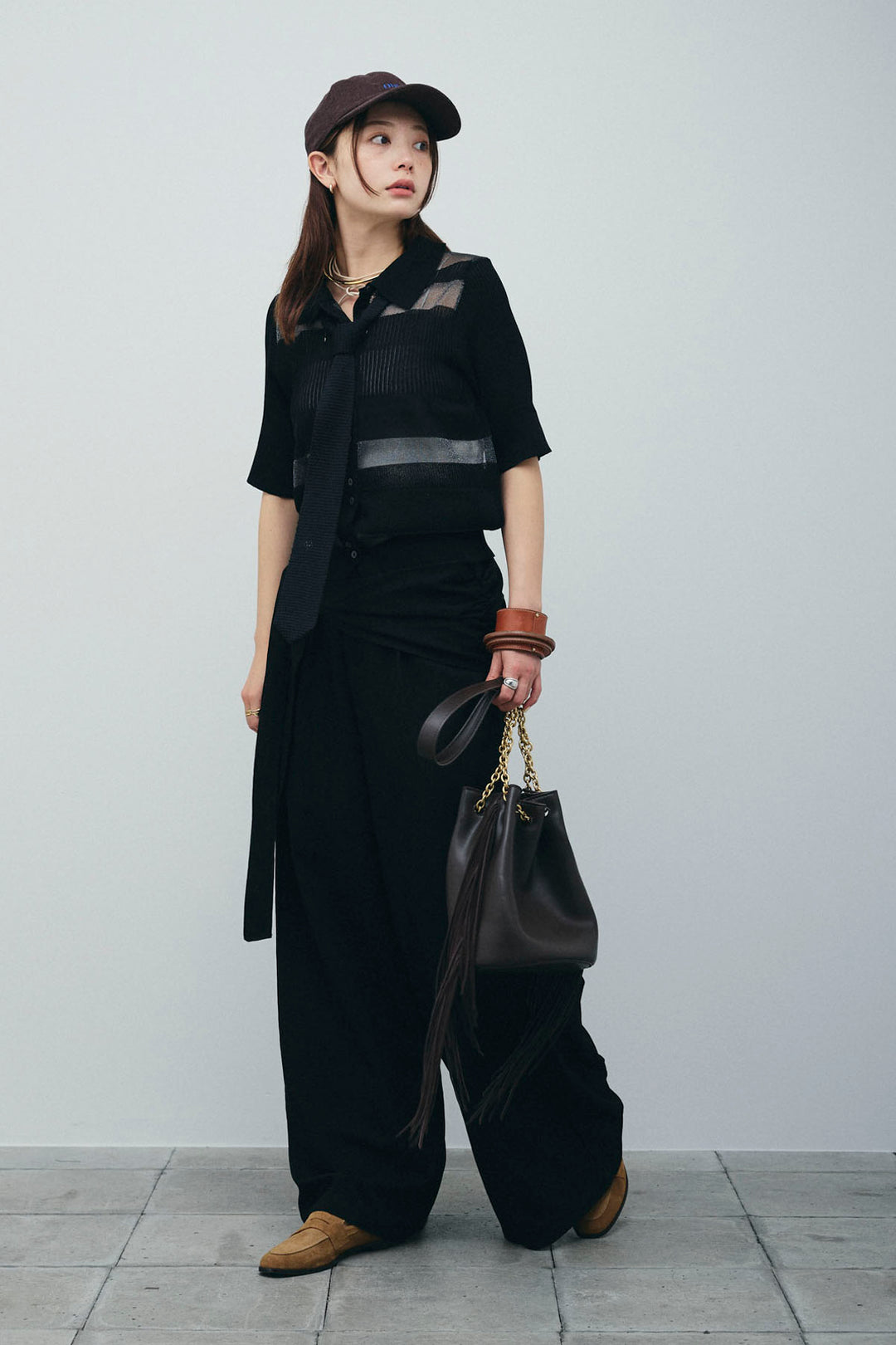 [予約/SET]シアーミックス編みニットポロ+サイドラップワイドパンツ(2set)