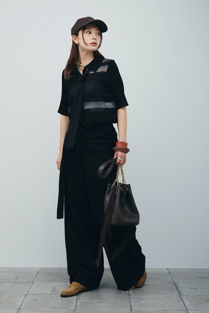 [予約/SET]シアーミックス編みニットポロ+サイドラップワイドパンツ(2set)