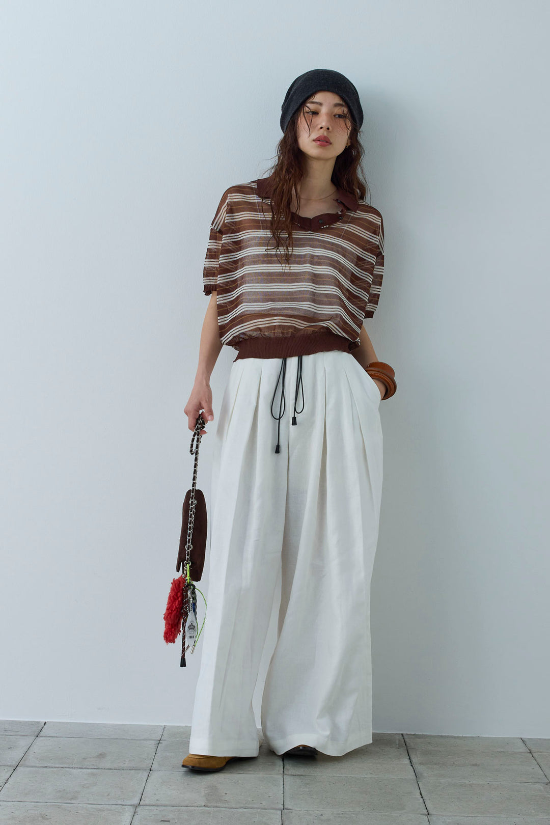 [予約/SET]シアーボーダーポロ+リネンライクリラックスパンツ(2set)