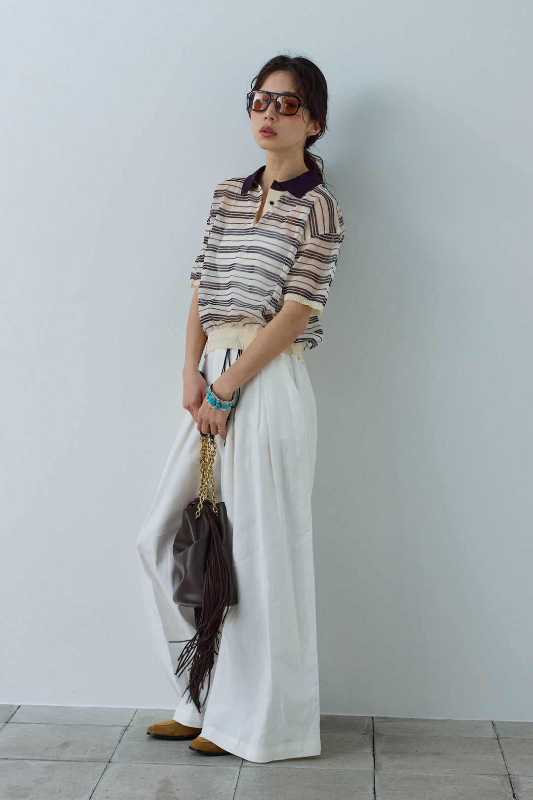 [予約/SET]シアーボーダーポロ+リネンライクリラックスパンツ(2set)