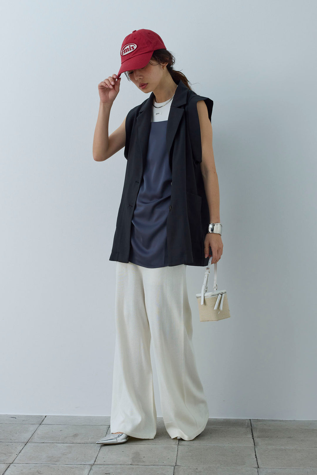 [予約/SET]リネンタッチテーラードジレ+マットサテンサイドタックキャミ+ニットベア2wayパンツ(3set)