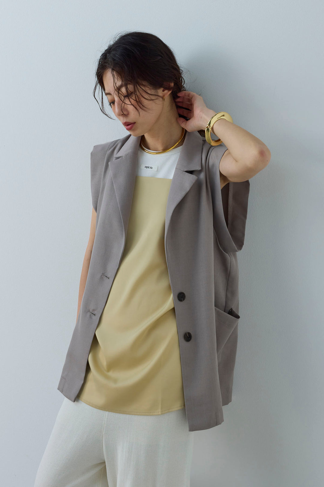 [予約/SET]リネンタッチテーラードジレ+マットサテンサイドタックキャミ+ネーム入りアメスリタンク+ニットベア2wayパンツ(4set)