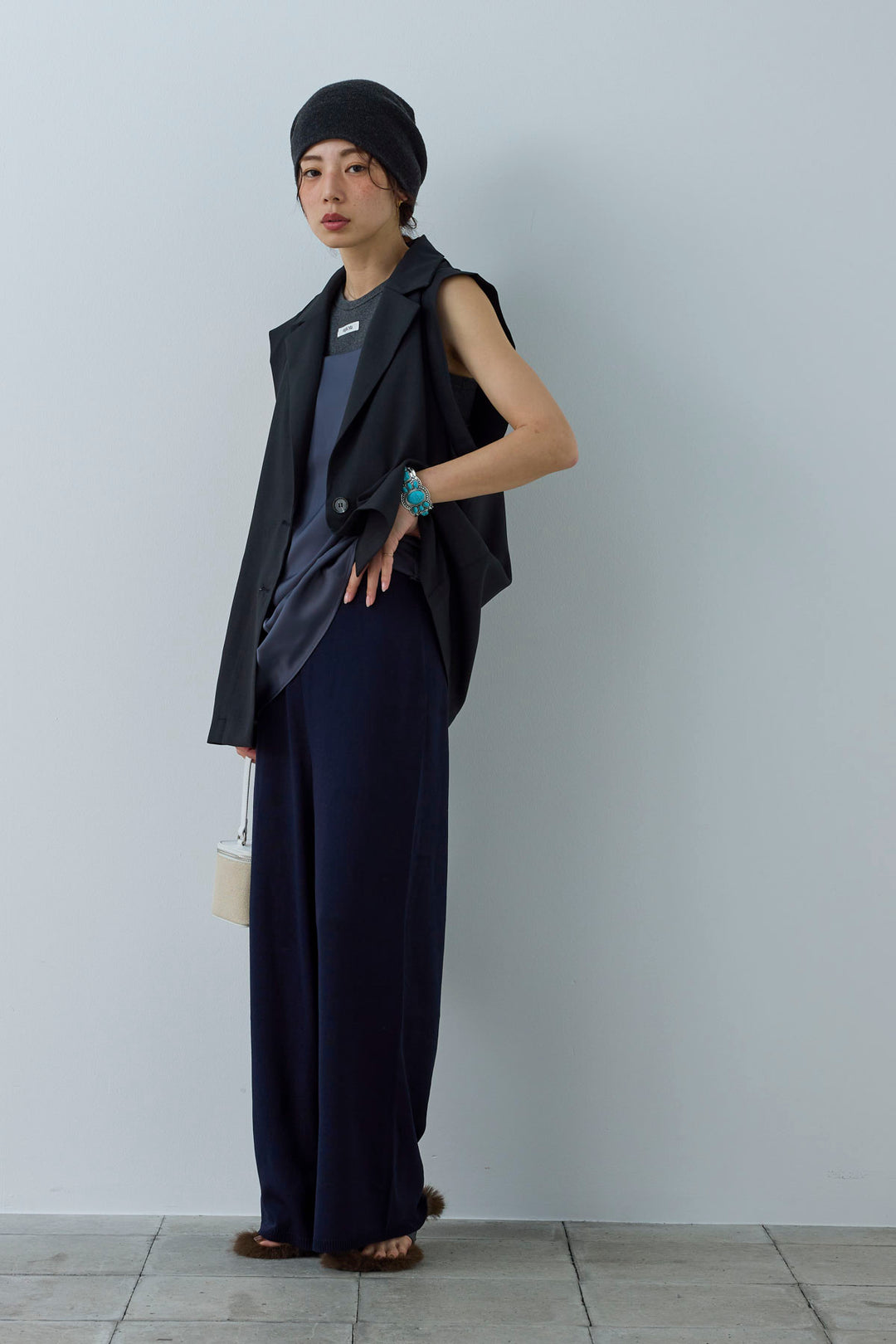 [予約/SET]リネンタッチテーラードジレ+マットサテンサイドタックキャミ+ネーム入りアメスリタンク+ニットベア2wayパンツ(4set)