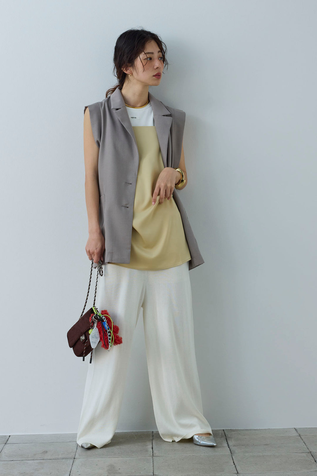 [予約/SET]リネンタッチテーラードジレ+マットサテンサイドタックキャミ+ネーム入りアメスリタンク+ニットベア2wayパンツ(4set)