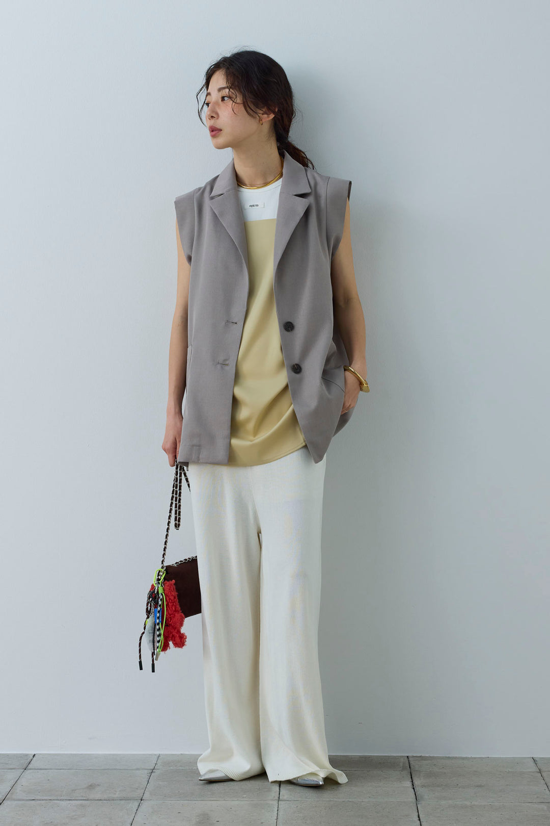 [予約/SET]リネンタッチテーラードジレ+マットサテンサイドタックキャミ+ネーム入りアメスリタンク+ニットベア2wayパンツ(4set)