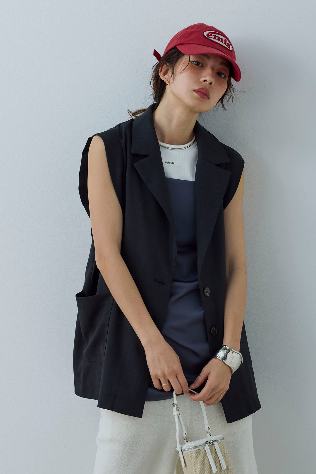 [予約/SET]リネンタッチテーラードジレ+マットサテンサイドタックキャミ+ニットベア2wayパンツ(3set)