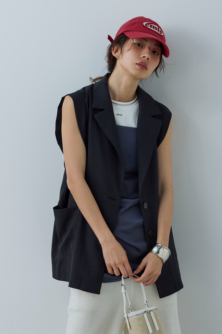 [予約/SET]リネンタッチテーラードジレ+マットサテンサイドタックキャミ+ニットベア2wayパンツ(3set)