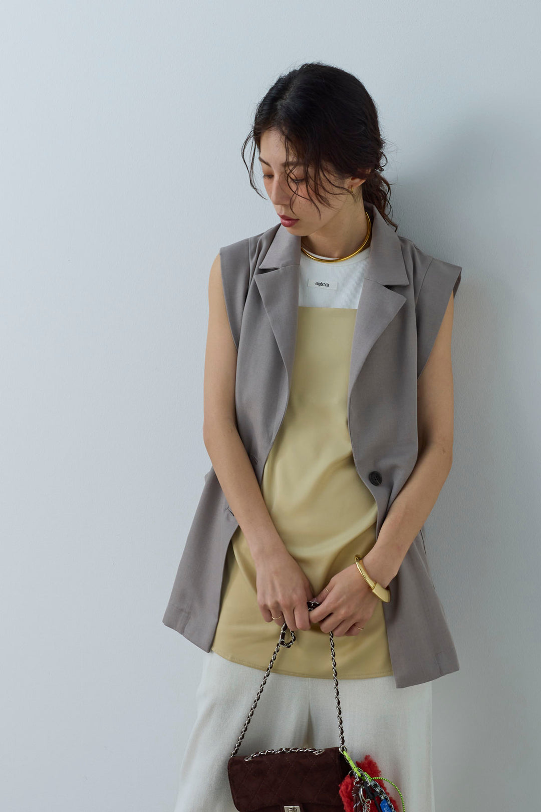 [予約/SET]リネンタッチテーラードジレ+マットサテンサイドタックキャミ+ニットベア2wayパンツ(3set)