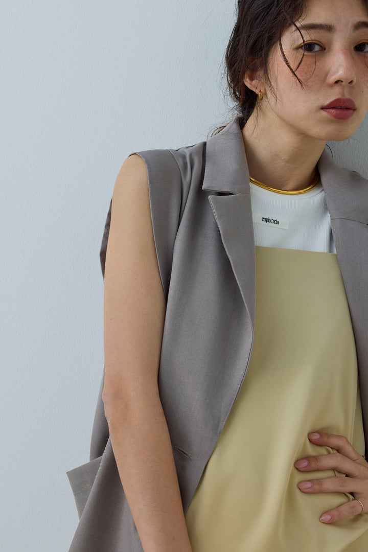 [予約/SET]リネンタッチテーラードジレ+マットサテンサイドタックキャミ+ネーム入りアメスリタンク+ニットベア2wayパンツ(4set)