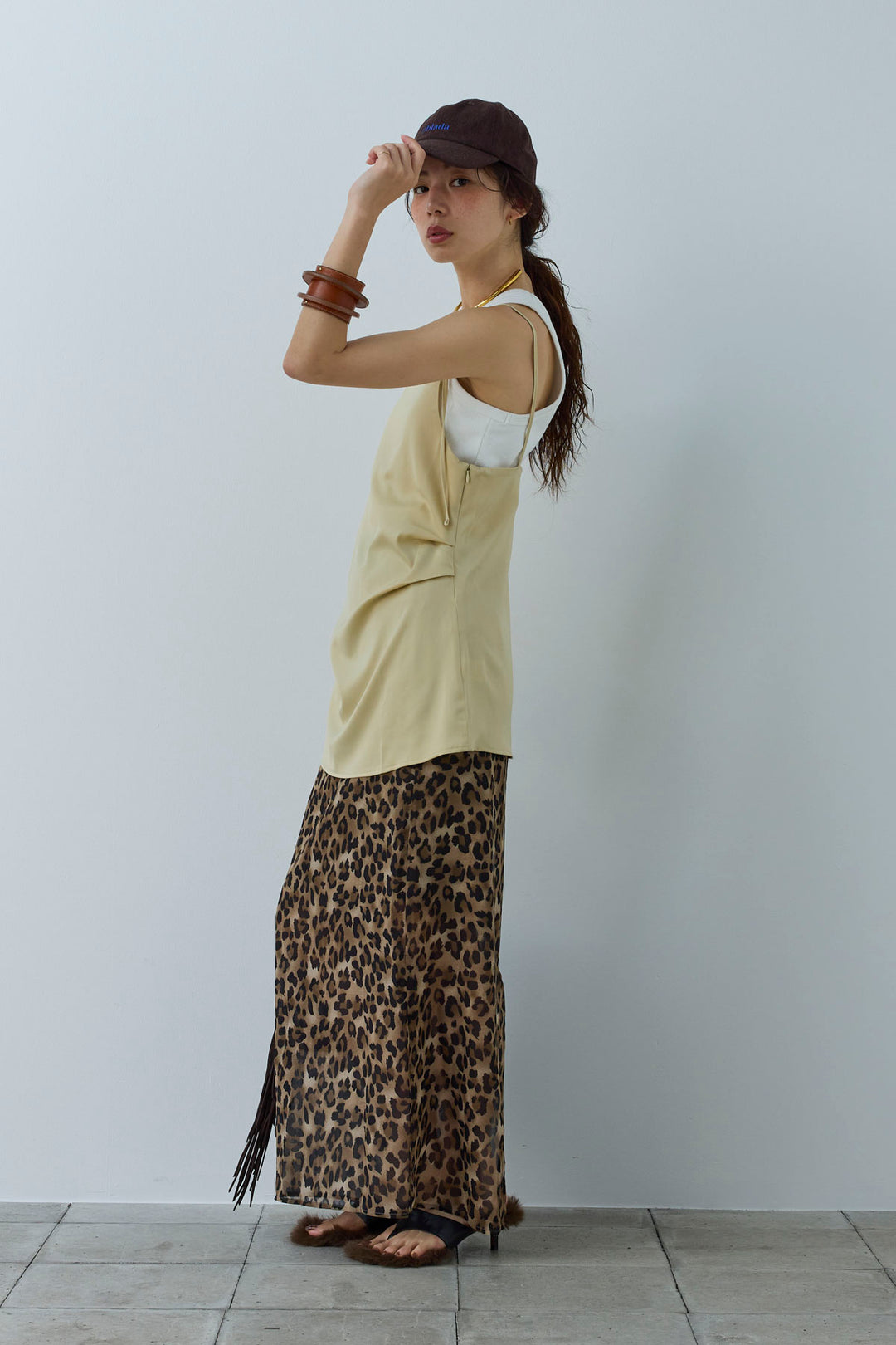 [予約/SET]マットサテンサイドタックキャミ+ネーム入りアメスリタンク+レオパードシアースカート(3set)