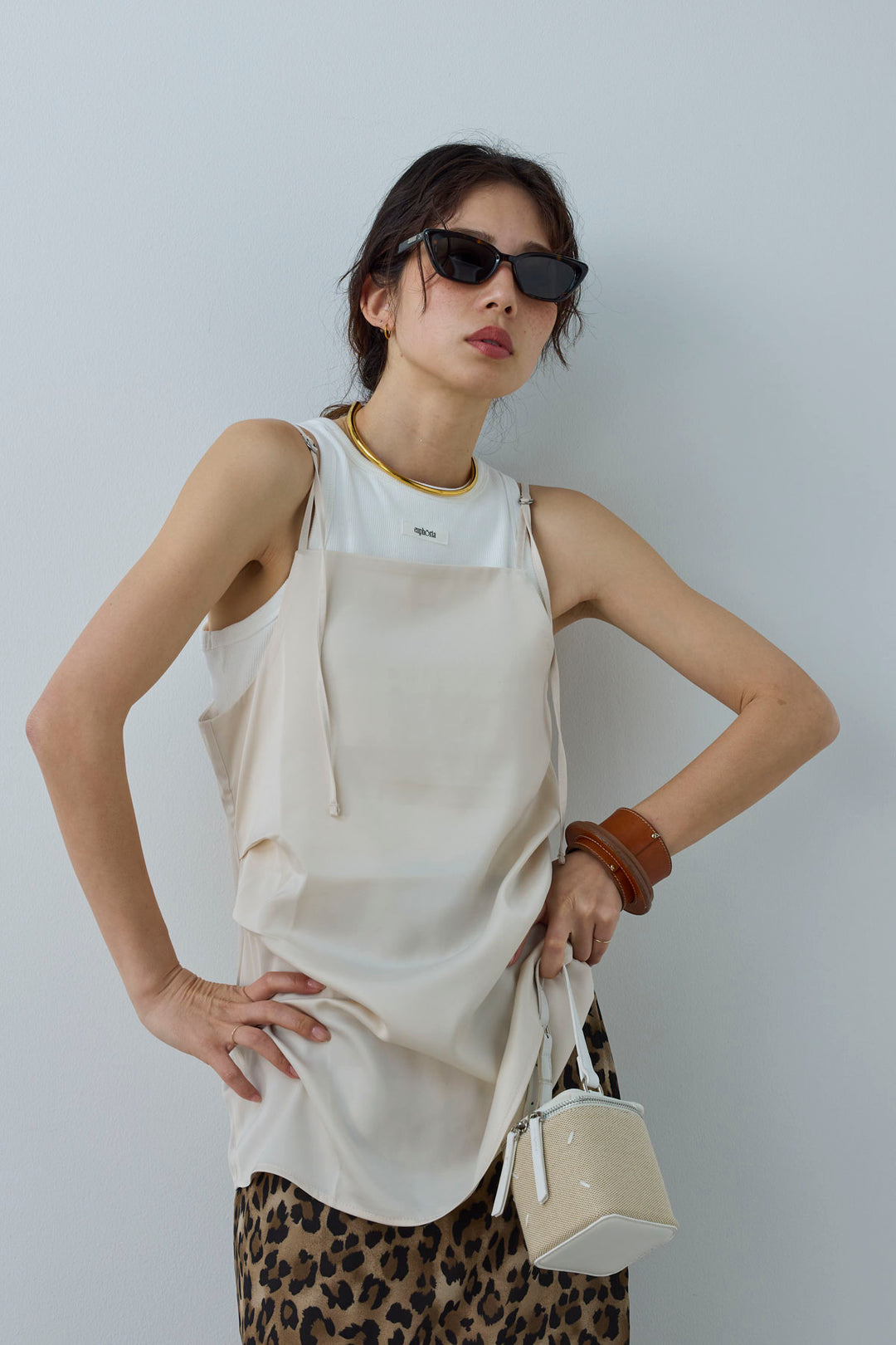 [予約/SET]マットサテンサイドタックキャミ+ネーム入りアメスリタンク+レオパードシアースカート(3set)