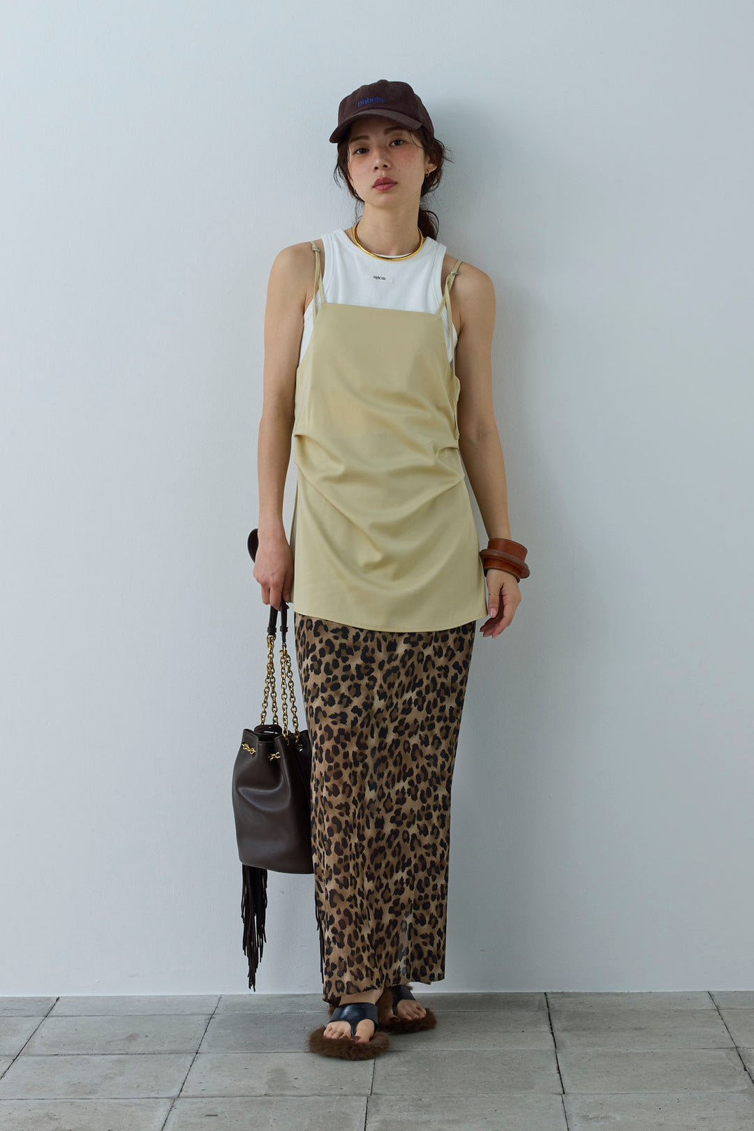 [予約/SET]マットサテンサイドタックキャミ+ネーム入りアメスリタンク+レオパードシアースカート(3set)