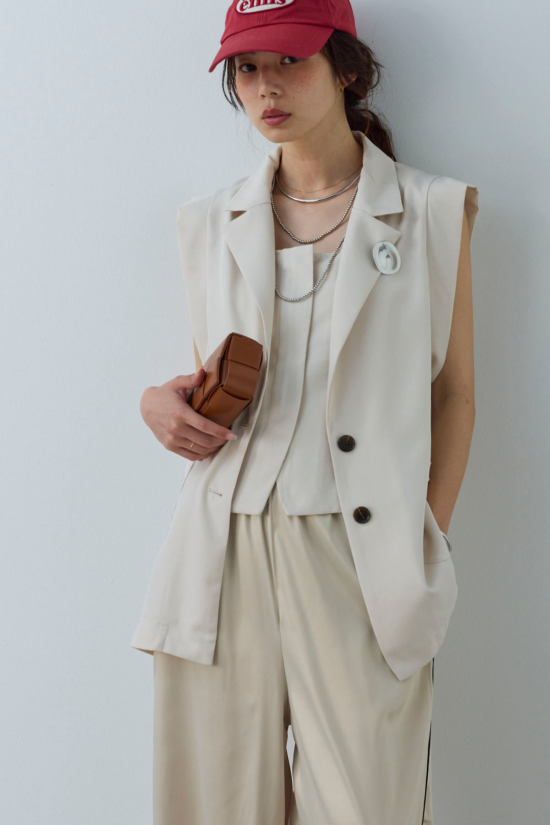 [予約/SET]リネンタッチテーラードジレ+サイドラインサテンパンツ(2set)