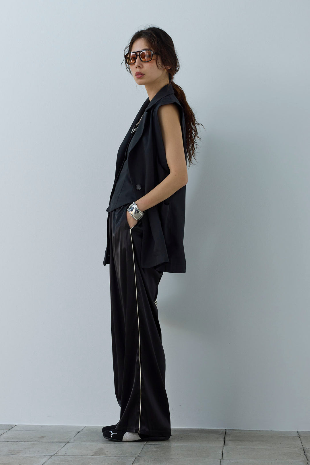 [予約/SET]リネンタッチテーラードジレ+サイドラインサテンパンツ(2set)