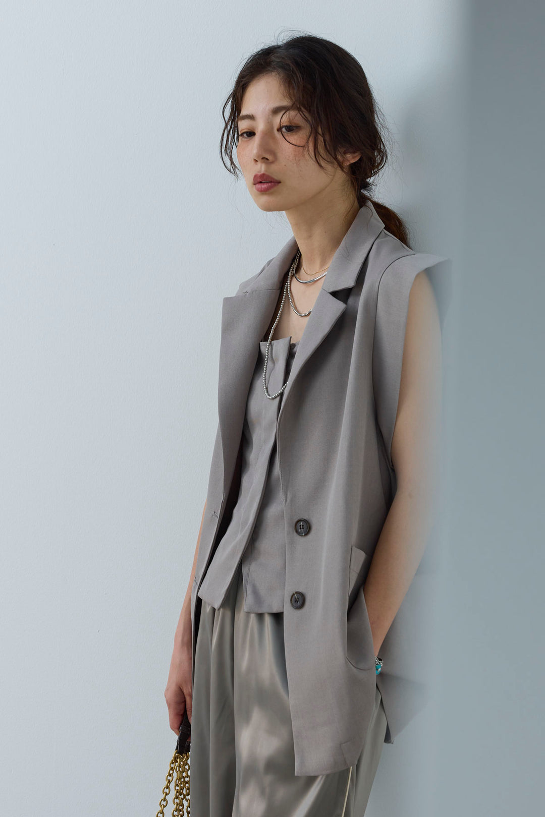 [予約/SET]リネンタッチテーラードジレ+リネンタッチビスチェ+サイドラインサテンパンツ(3set)