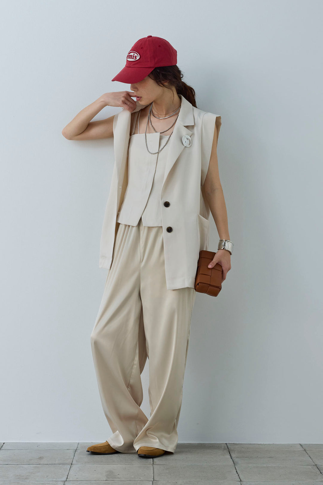 [予約/SET]リネンタッチテーラードジレ+リネンタッチビスチェ+サイドラインサテンパンツ(3set)