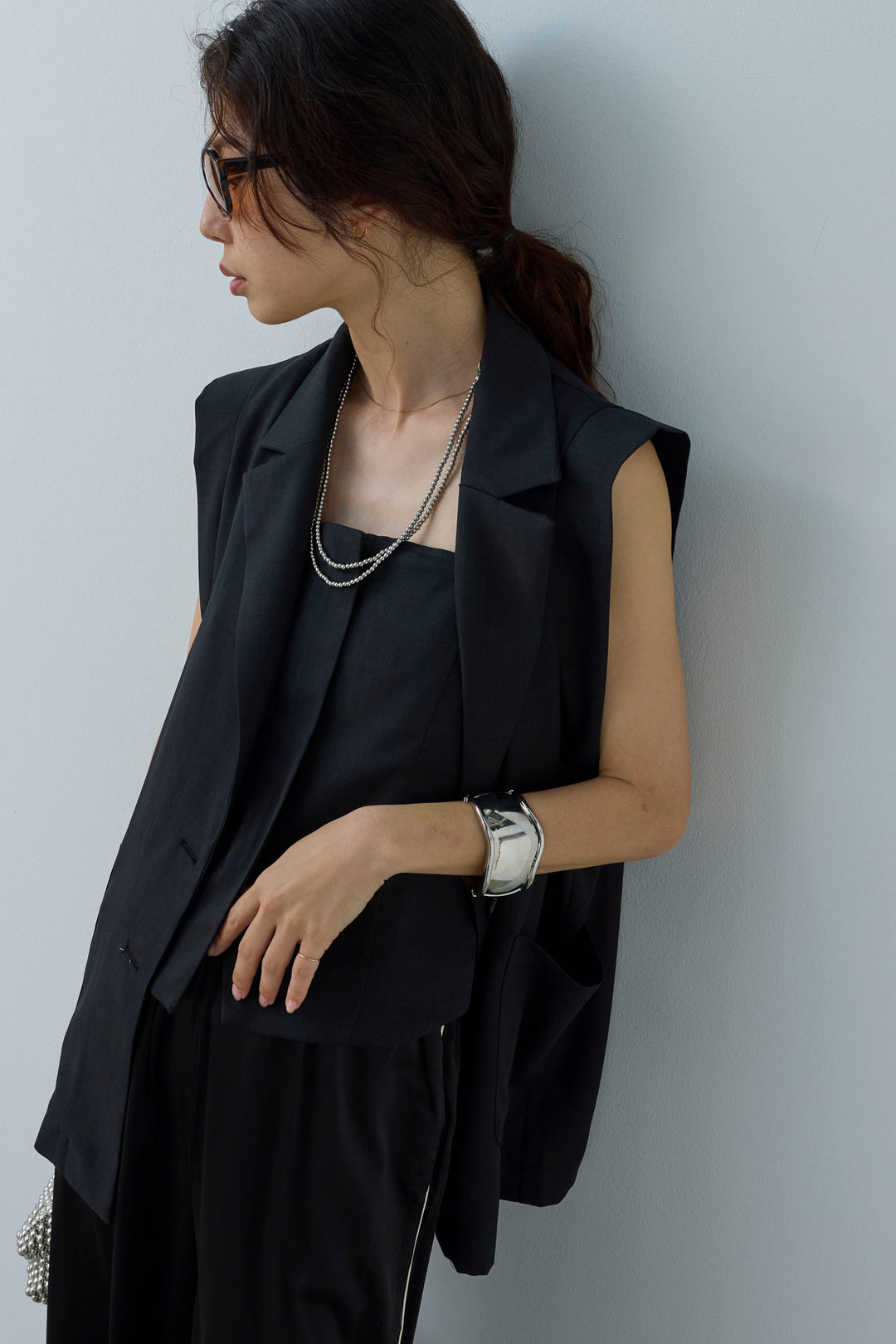 [予約/SET]リネンタッチテーラードジレ+サイドラインサテンパンツ(2set)