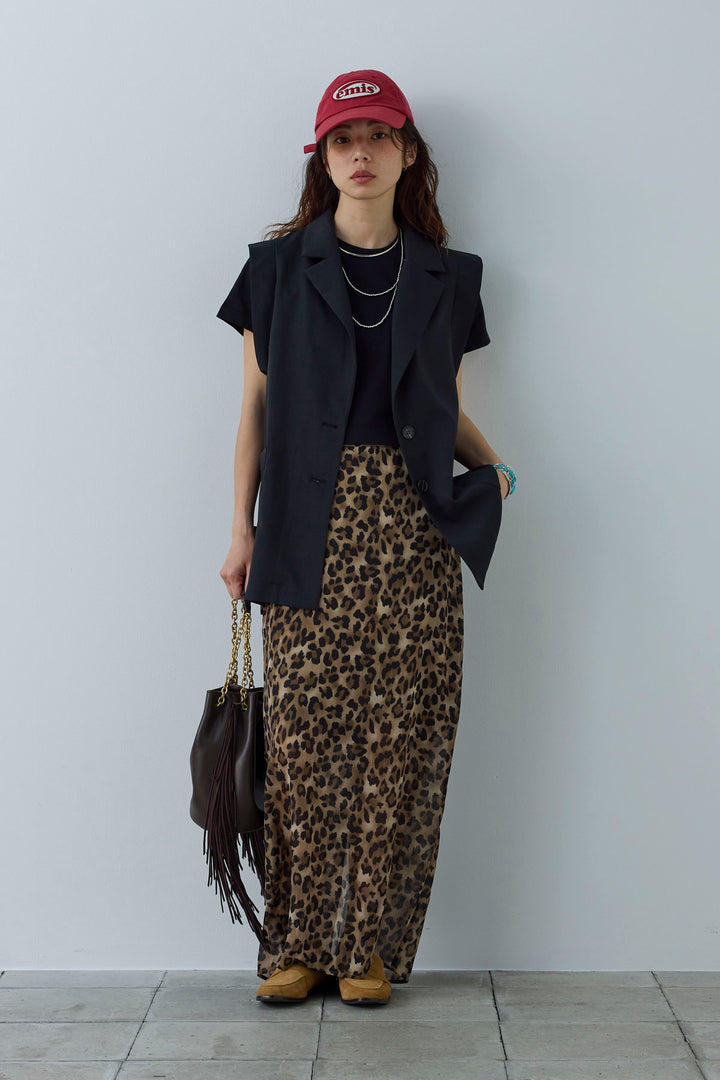 [予約/SET]リネンタッチテーラードジレ+刺繍ロゴショート丈 Tシャツ+レオパードシアースカート(3set)