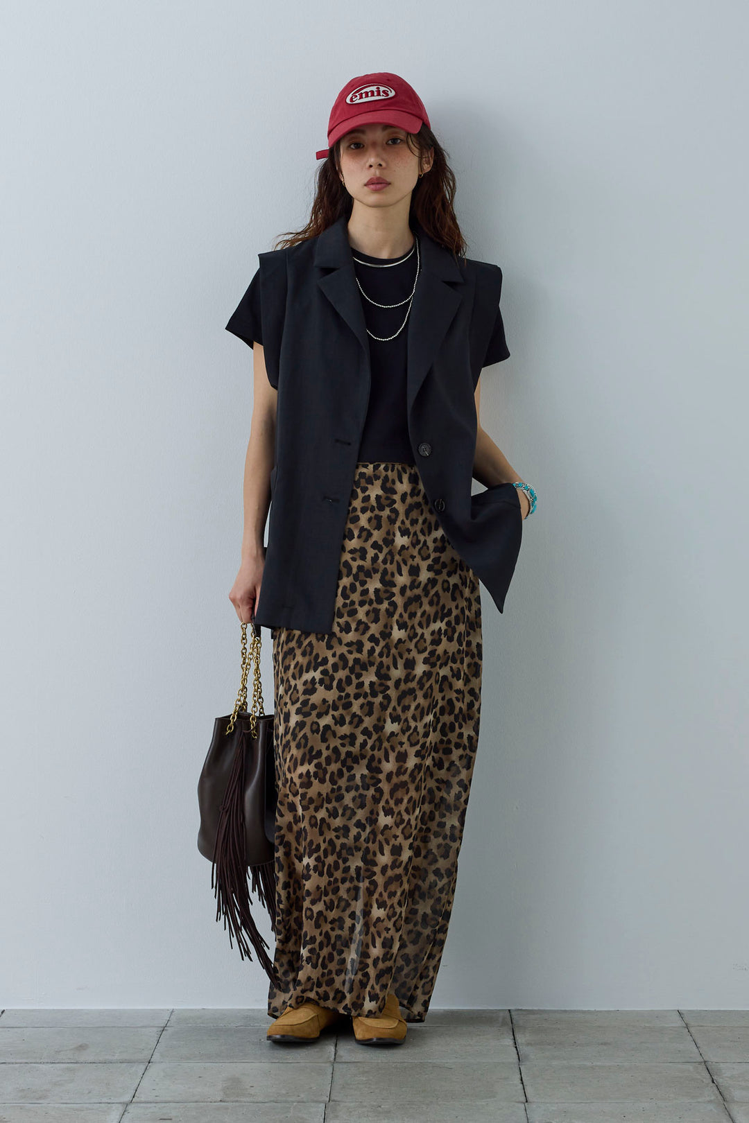 [予約/SET]リネンタッチテーラードジレ+レオパードシアースカート(2set)