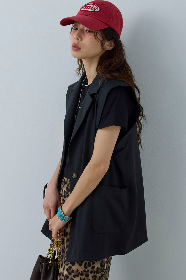 [予約/SET]リネンタッチテーラードジレ+刺繍ロゴショート丈 Tシャツ+レオパードシアースカート(3set)