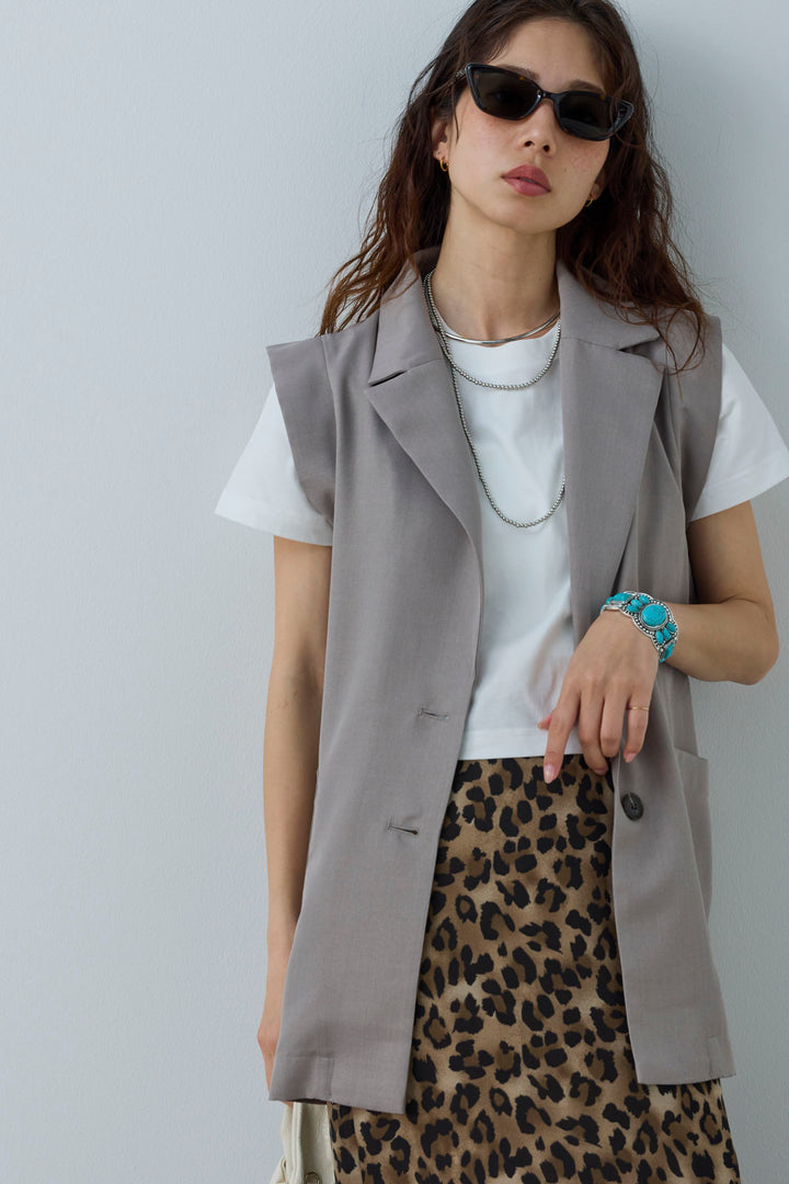 [予約/SET]リネンタッチテーラードジレ+レオパードシアースカート(2set)