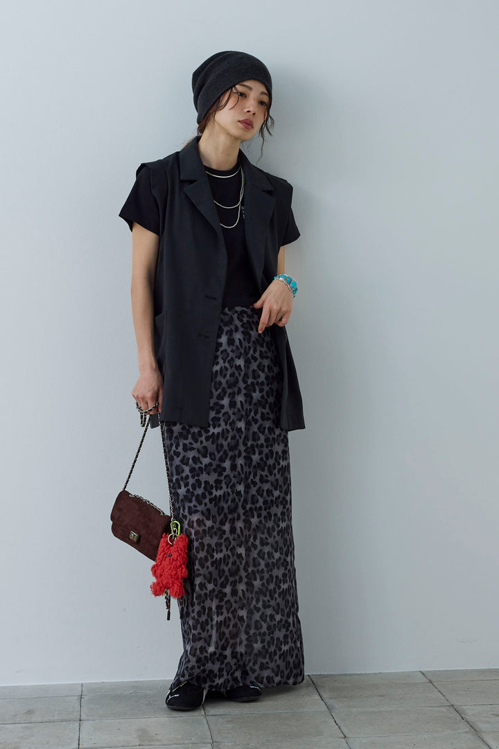 [予約/SET]リネンタッチテーラードジレ+刺繍ロゴショート丈 Tシャツ+レオパードシアースカート(3set)