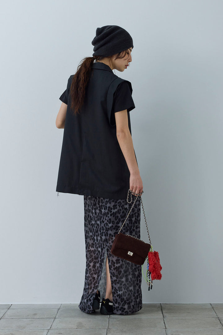 [予約/SET]リネンタッチテーラードジレ+刺繍ロゴショート丈 Tシャツ+レオパードシアースカート(3set)