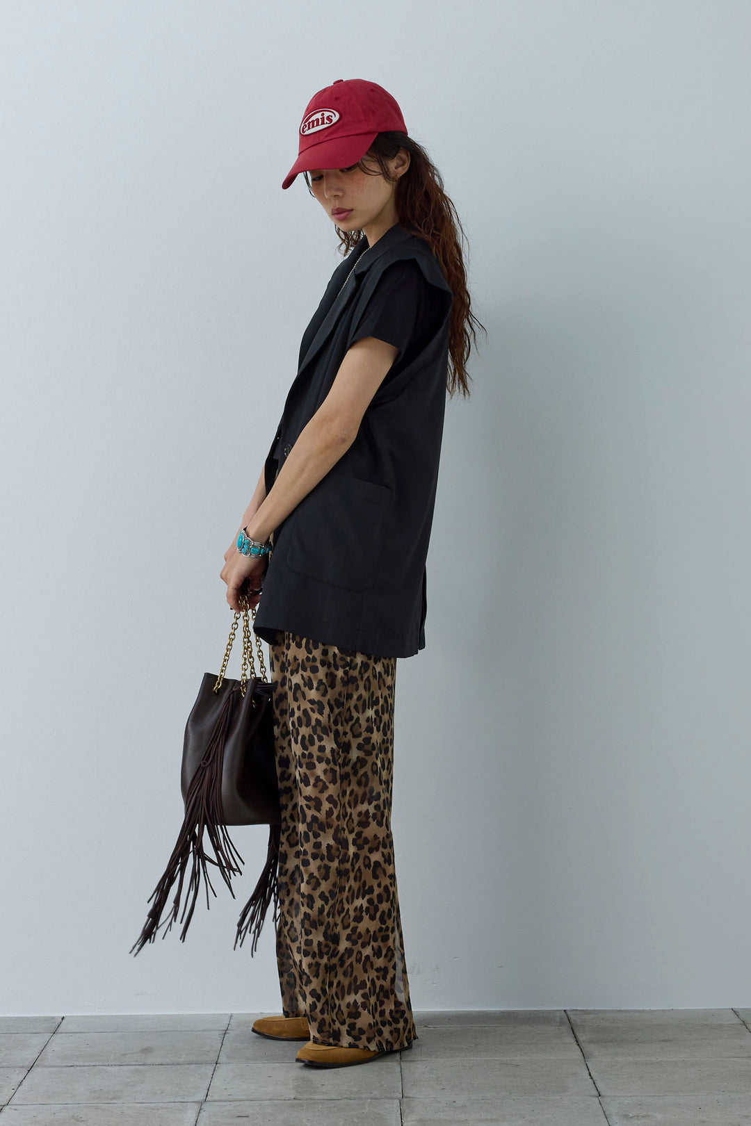 [予約/SET]リネンタッチテーラードジレ+レオパードシアースカート(2set)