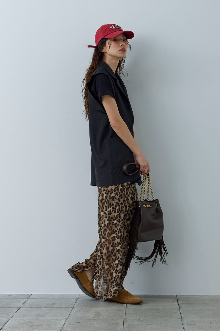 [予約/SET]リネンタッチテーラードジレ+刺繍ロゴショート丈 Tシャツ+レオパードシアースカート(3set)