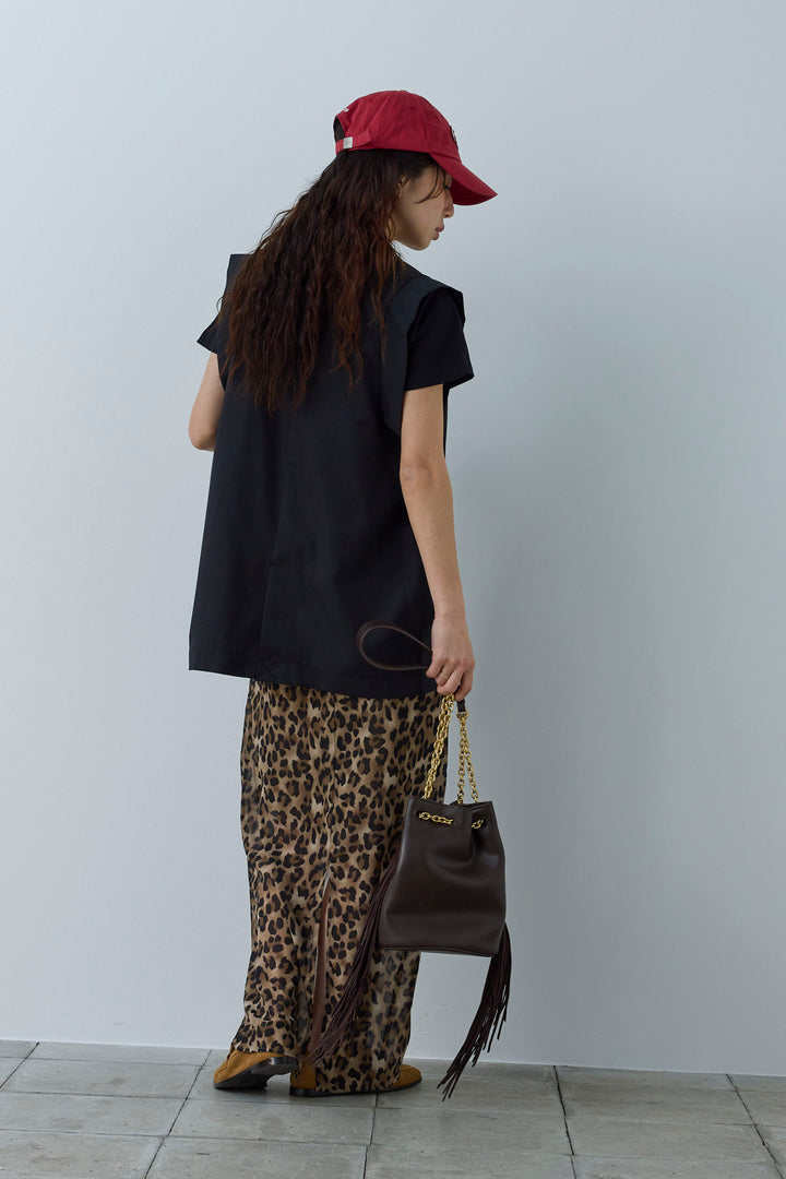 [予約/SET]リネンタッチテーラードジレ+刺繍ロゴショート丈 Tシャツ+レオパードシアースカート(3set)