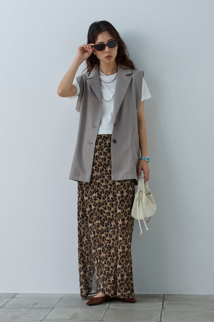 [予約/SET]リネンタッチテーラードジレ+レオパードシアースカート(2set)